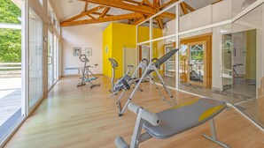 A gym with exercise equipment, large windows, and a wooden ceiling. - Cottage by the river in Nouvelle-Aquitaine (Castelmoron-sur-Lot)