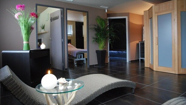 Une chambre d’hôtel moderne avec une table en verre, une chaise, un lit, un miroir et une plante en pot.
