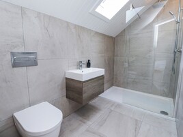 Un baño moderno con tragaluz, ducha e inodoro.