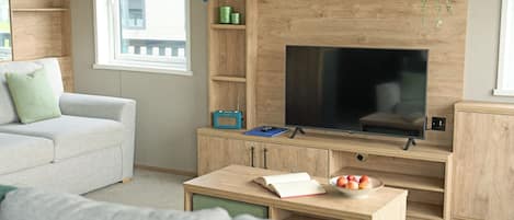 A living room with a sofa, a television, a wooden entertainment unit, and a window.