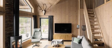 Een moderne woonkamer met een open haard, een bank, een salontafel en een televisie.