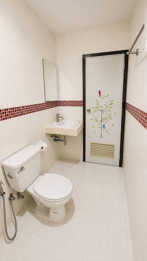 Un bagno con il water, un lavandino e una doccia.