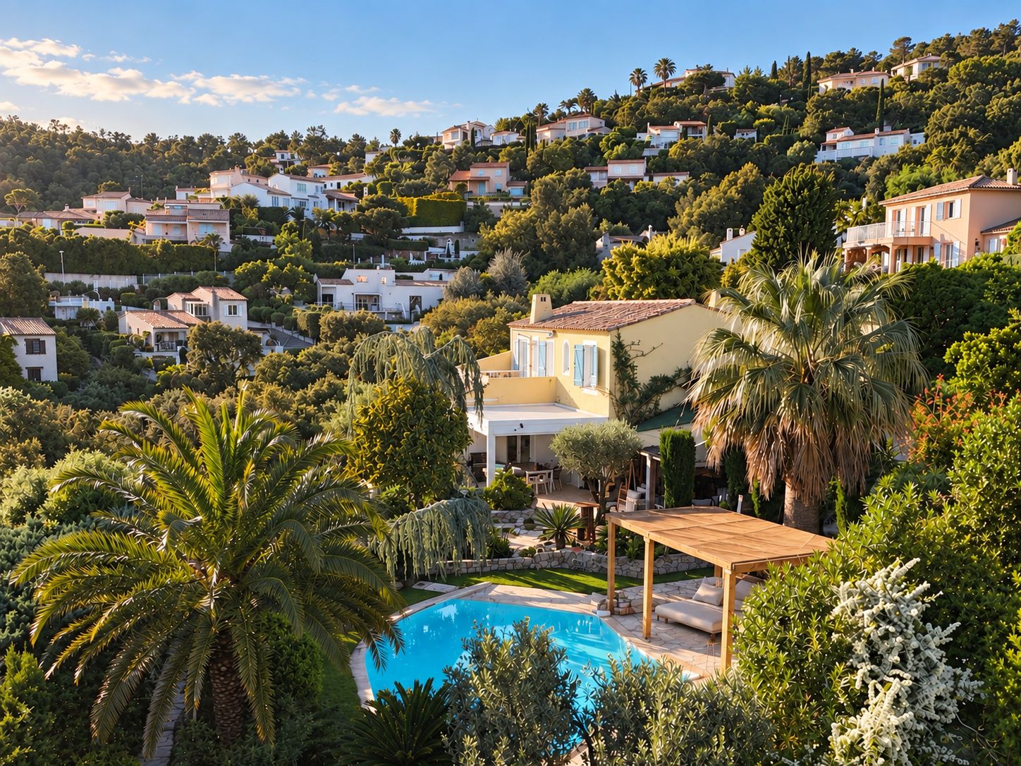 A residential area with a swimming pool surrounded by lush greenery and houses on a hillside.