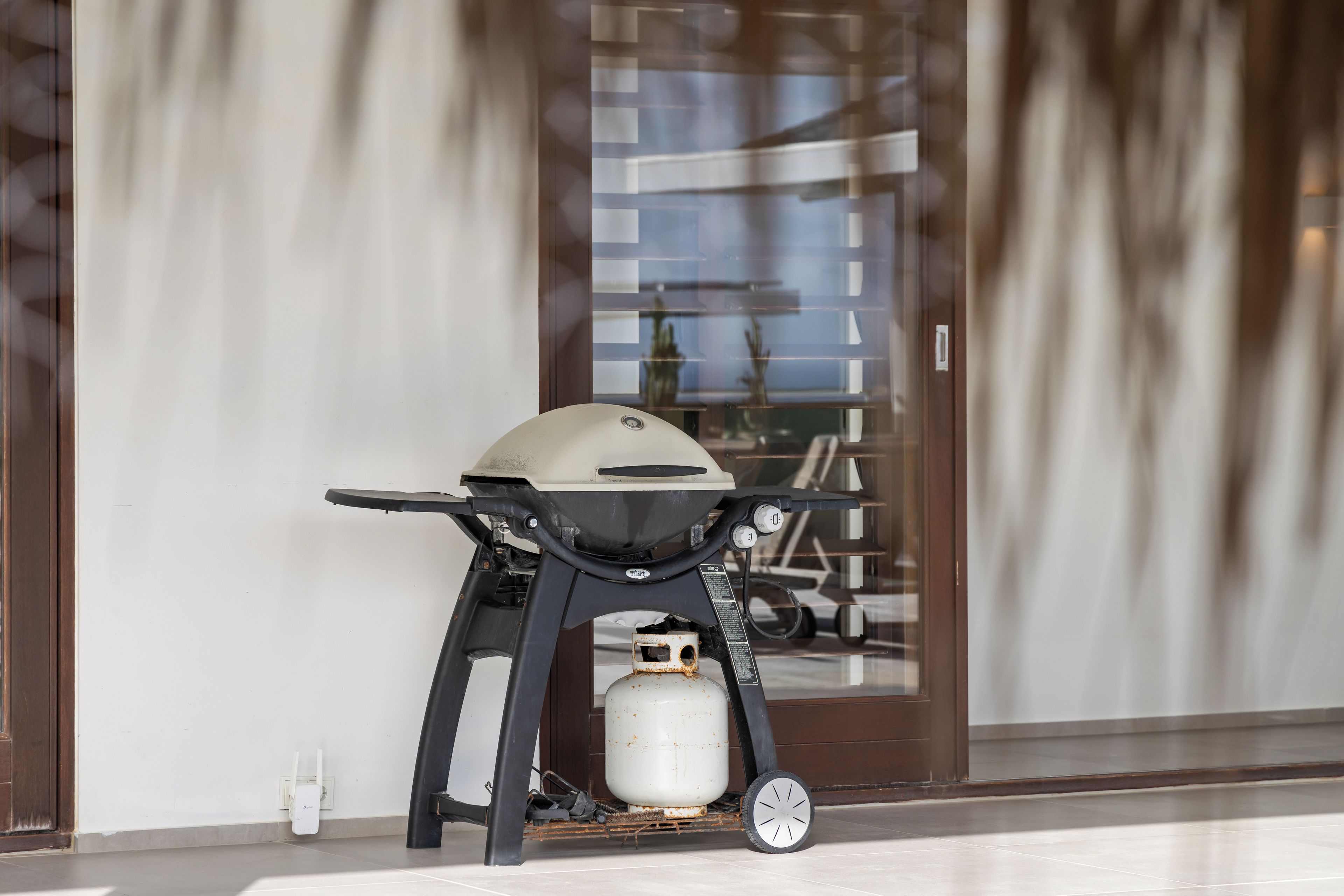 A portable grill on a stand with a gas cylinder, positioned in front of a door with a glass panel.