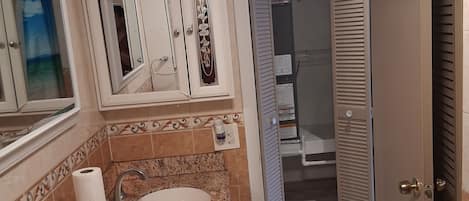 Hair dryer, towels, soap, toilet paper