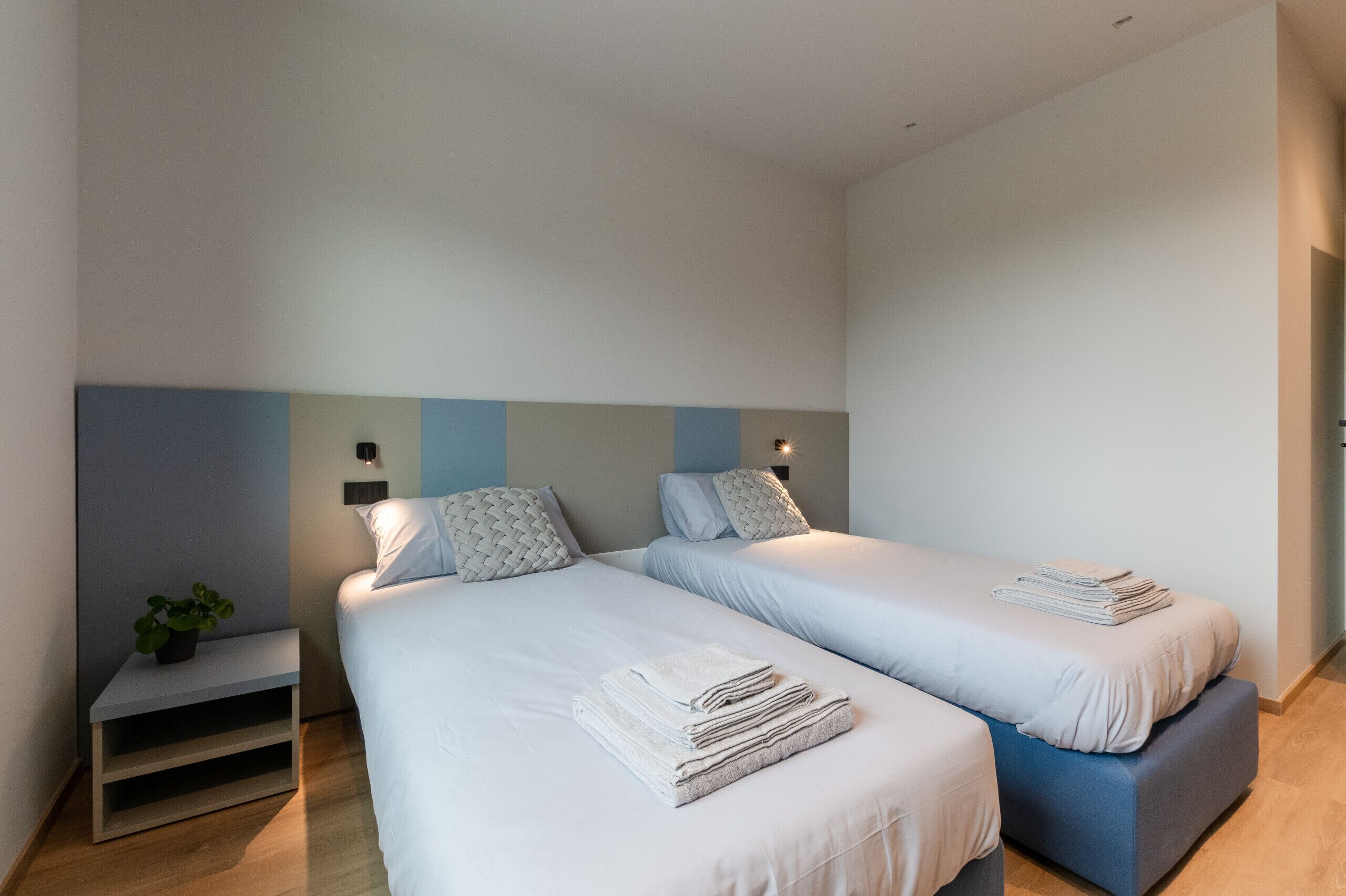 Una habitación de hotel moderna con dos camas individuales, una mesita de noche pequeña, una planta y un banco.