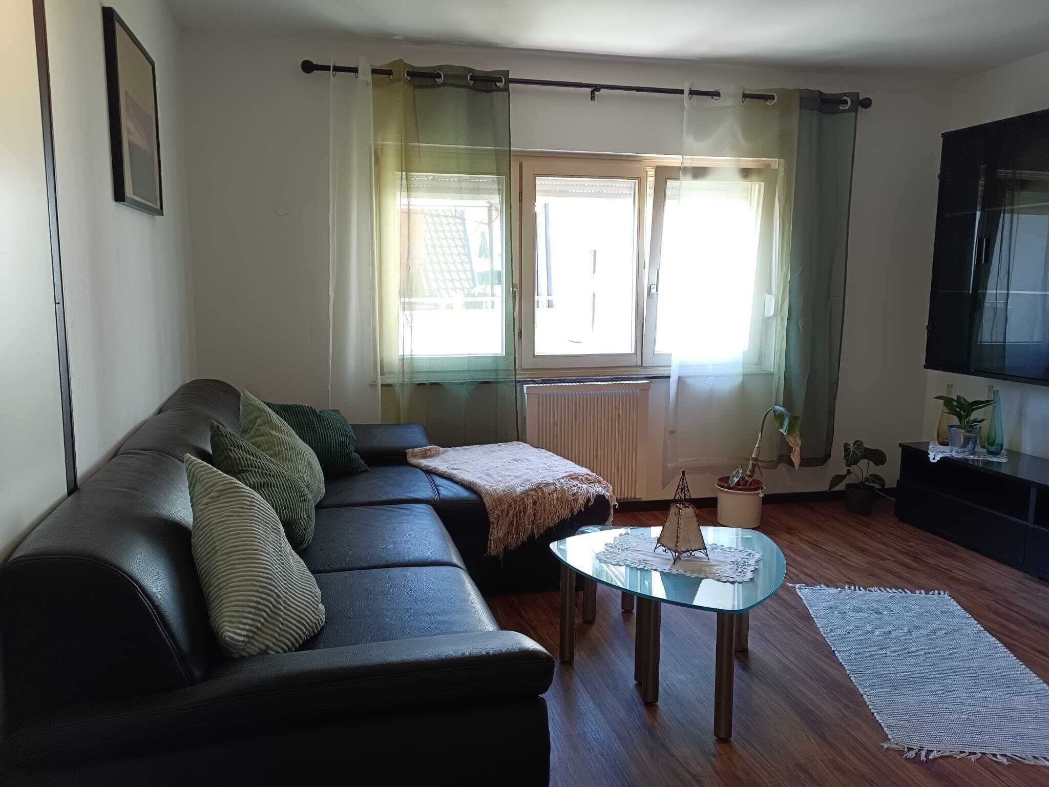 Een woonkamer met een bank, een glazen salontafel, een radiator, een televisie en een raam met gordijnen.