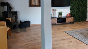 A living room with a wooden floor, a fireplace, a sofa, a TV, and a green wall decoration. - Maisonette with south-facing terrace & barbecue (Kapsweyer)