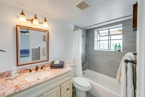 Hair dryer, towels, soap, toilet paper