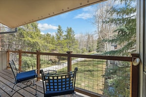 A covered deck with two blue cushioned chairs and a table, overlooking a fenced yard with trees and a house. - Cozy Mountain Condo - Pool, Sauna, & Hot Tub Access (Keystone)
