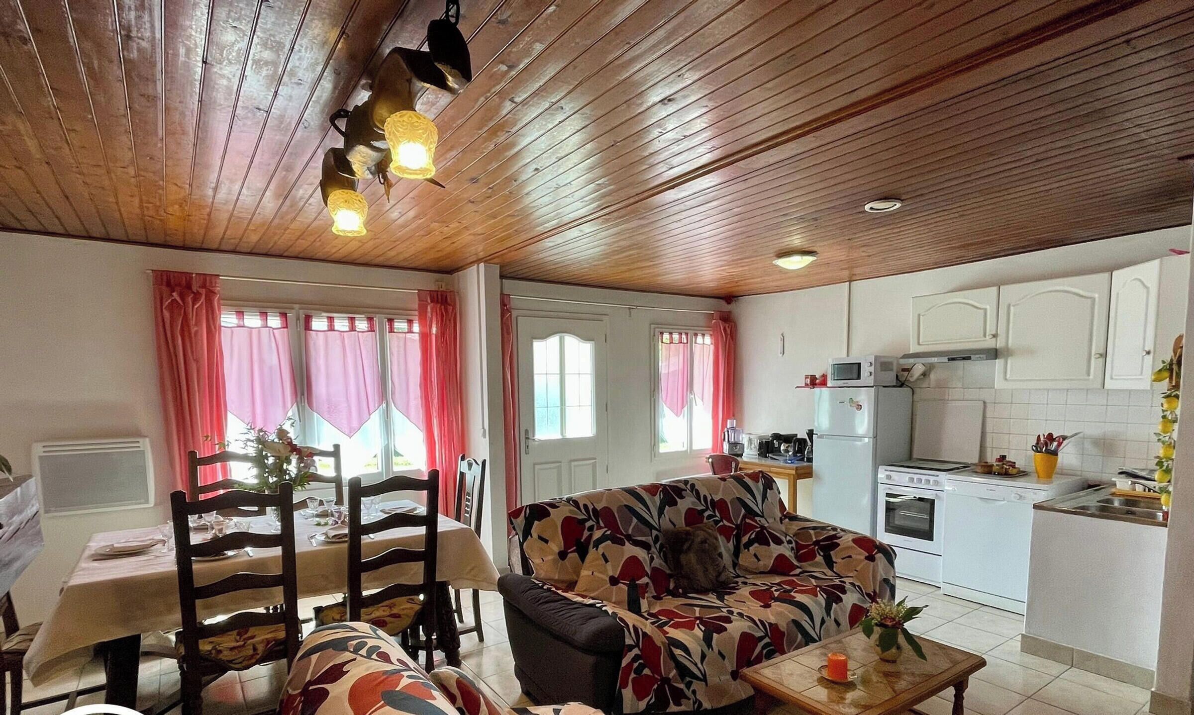 Een gezellige woonkamer met een bank, eettafel en stoelen, een keuken met apparatuur, en een houten plafond.