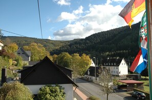 Ein Wohngebiet mit Häusern, einer Straße und einem Berg im Hintergrund.