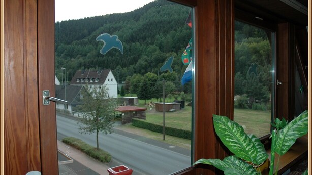 A wooden-framed window with a view of a road, a house, and a forested hill. - Vacation apartment panoramablick ( 85 m2 - 5 persons.) (Lennestadt)