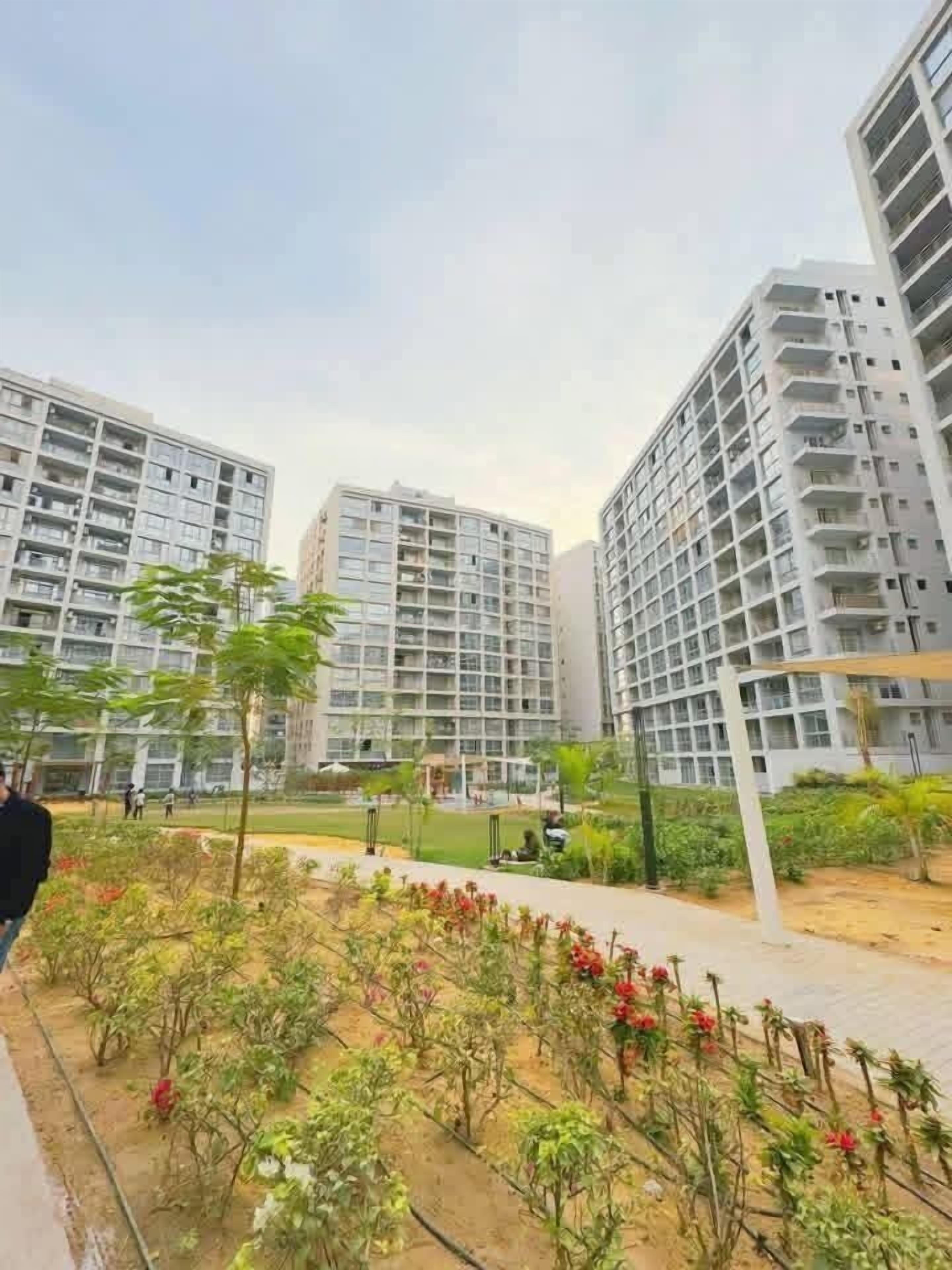 A residential area with modern apartment buildings, a landscaped garden with various plants, and a paved walkway.