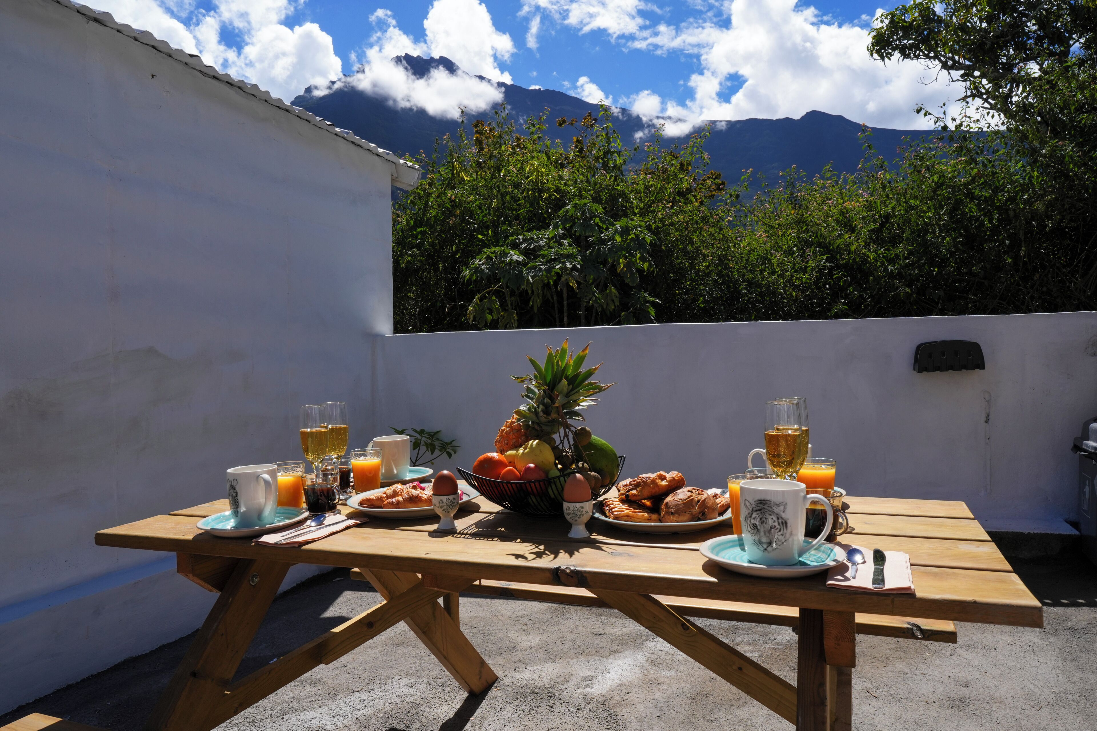 Une table en bois avec des aliments pour le petit-déjeuner, un ananas et une vue sur les montagnes.