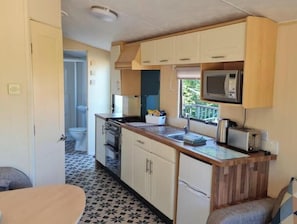 A compact kitchen with a stove, sink, microwave, and a small refrigerator.
