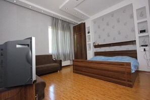 A bedroom with a wooden bed, a television, a sofa, and a window with curtains.