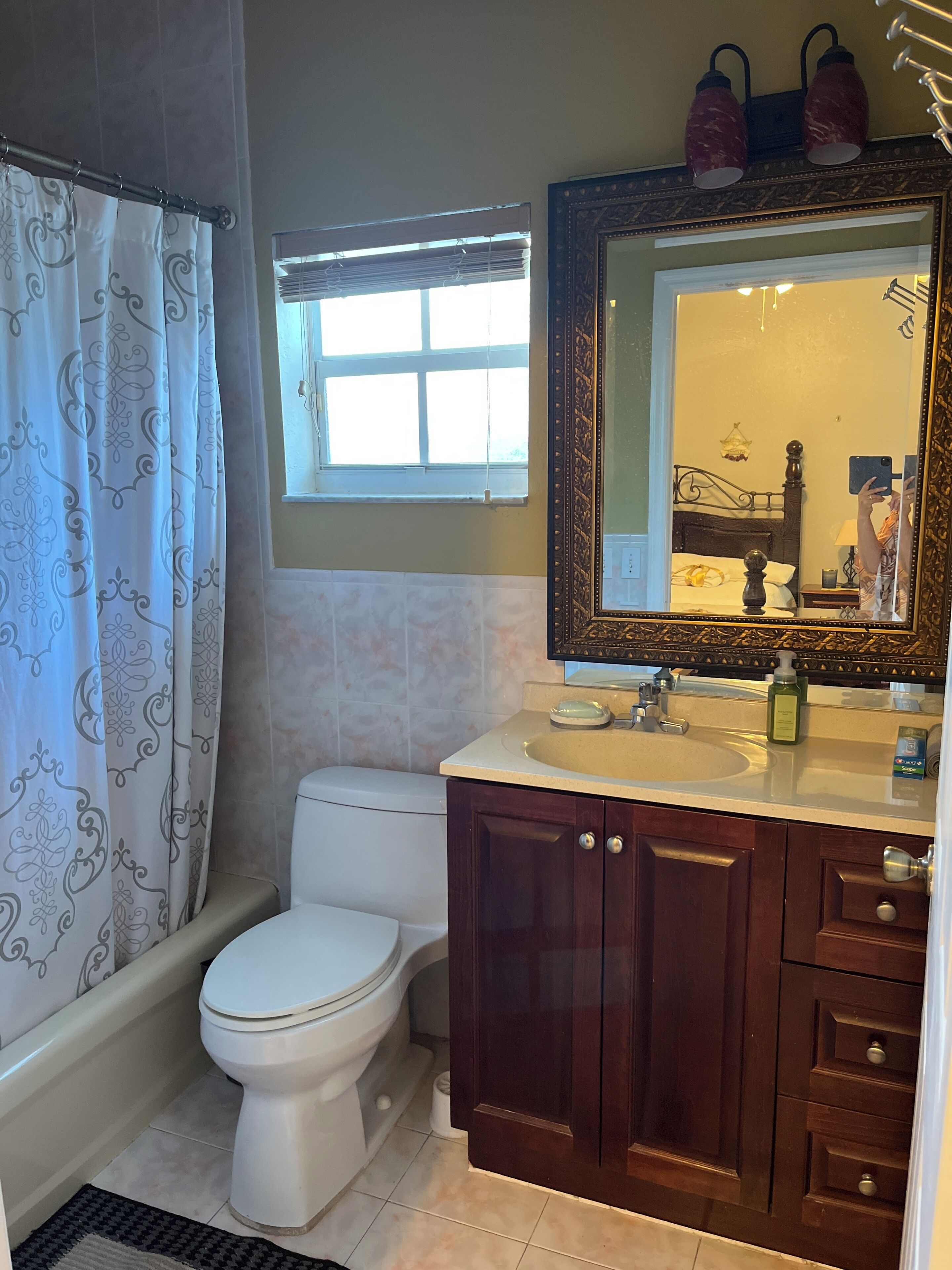 Hair dryer, towels, toilet paper