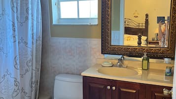 Hair dryer, towels, toilet paper