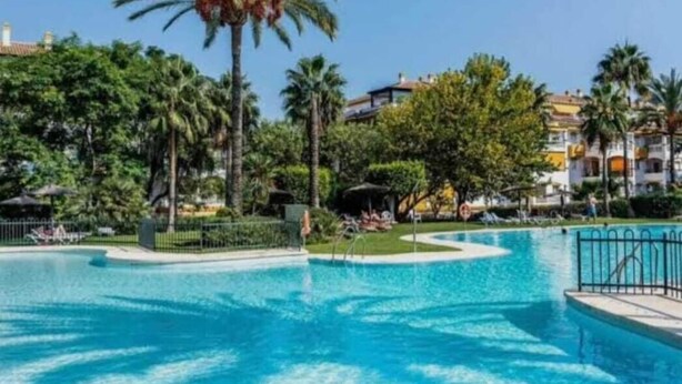 Una piscina rodeada de palmeras y un edificio con balcones.