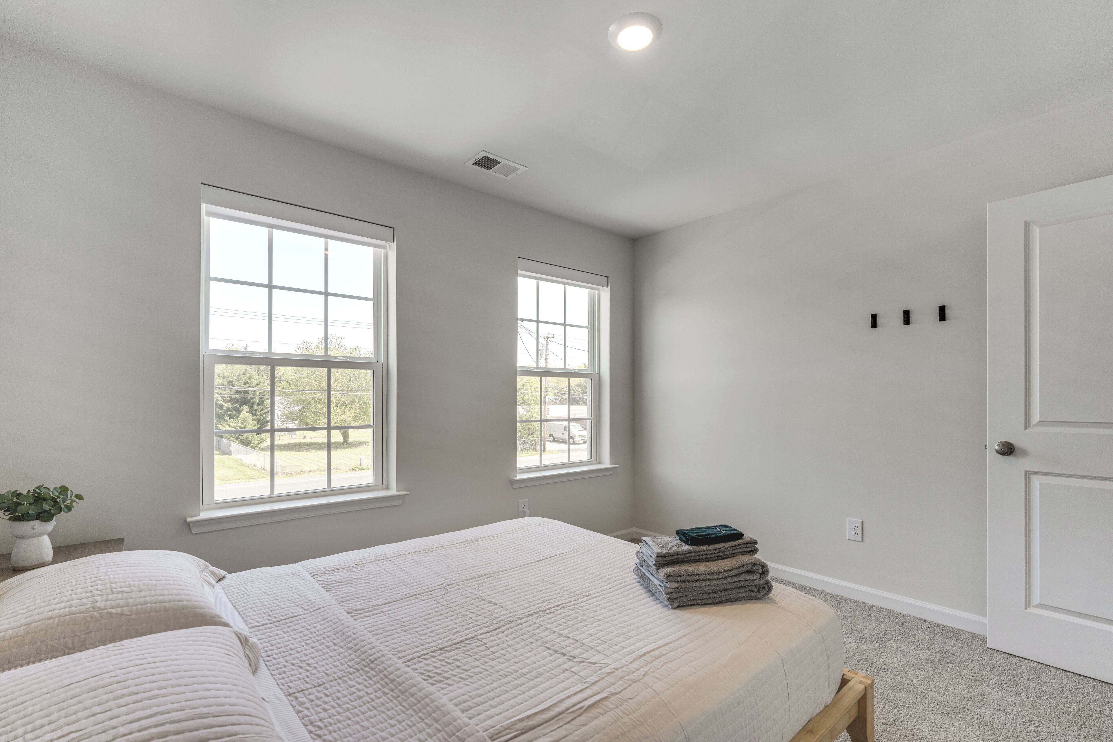 A bedroom with a bed, two windows, a door, and a small plant.