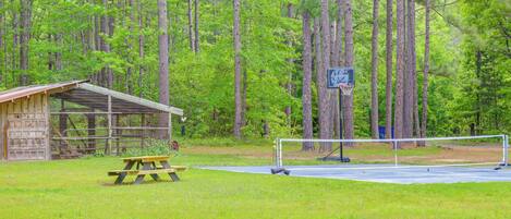 A picnic table, a small wooden structure, and a basketball hoop in a grassy area with trees in the background.
