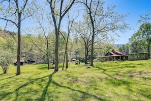 A rural landscape with trees, a grassy field, and a rustic building with a red roof. - Trout Stream Access! Rural Buchanan Cabin (Buchanan)