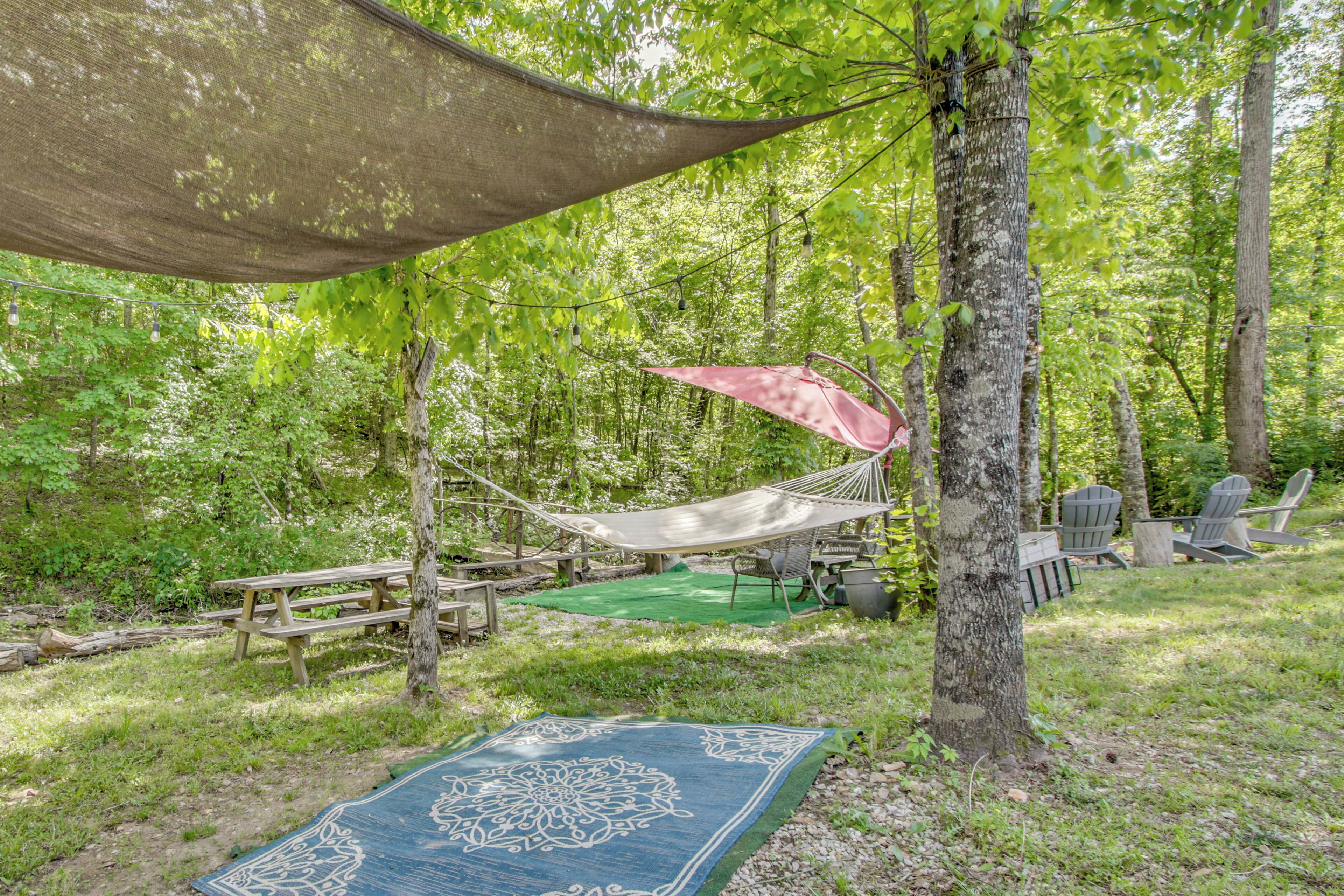 A hammock, picnic table, and Adirondack chairs in a forested area.