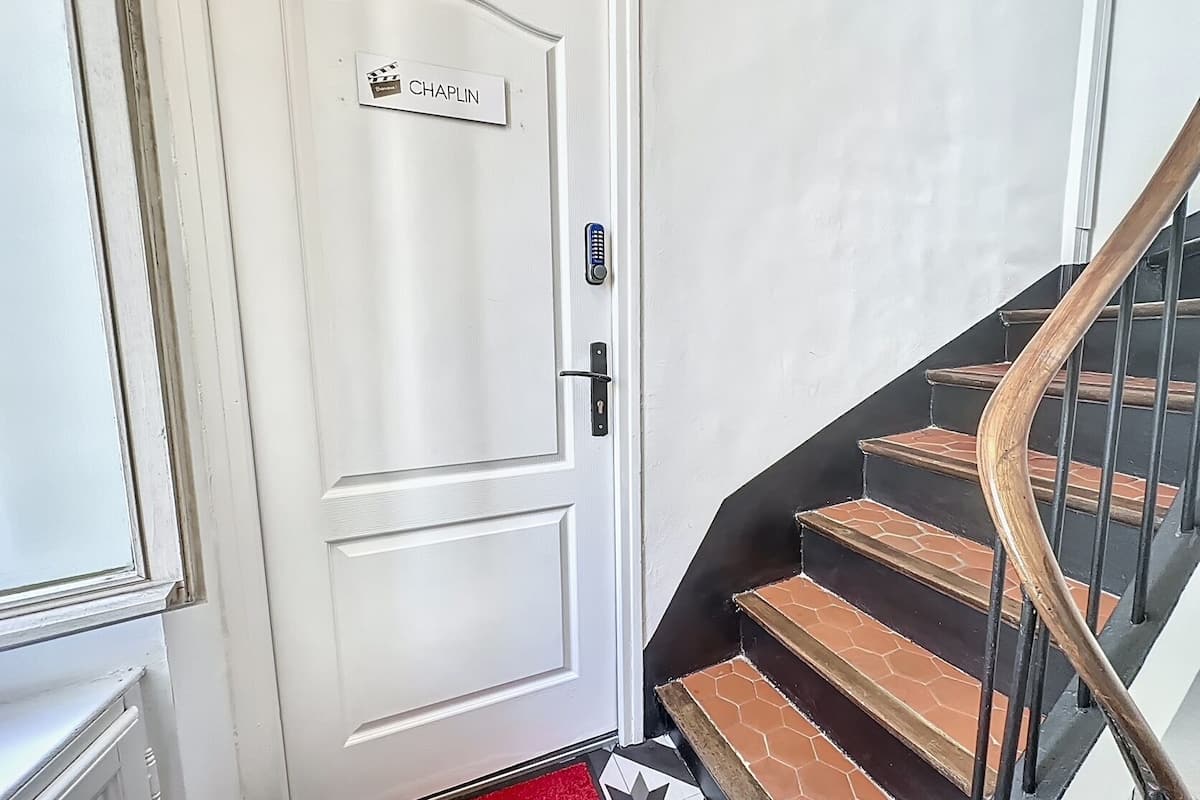 A white door with a nameplate reading "CHAPLIN" and a keypad lock.