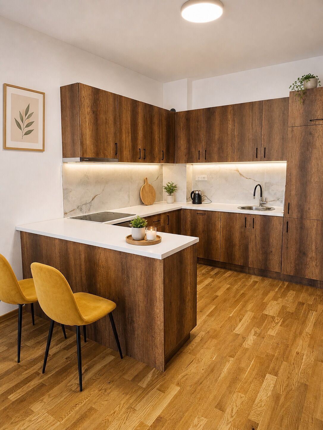 Großer Kühlschrank, Ofen, Herdplatte, Geschirrspüler