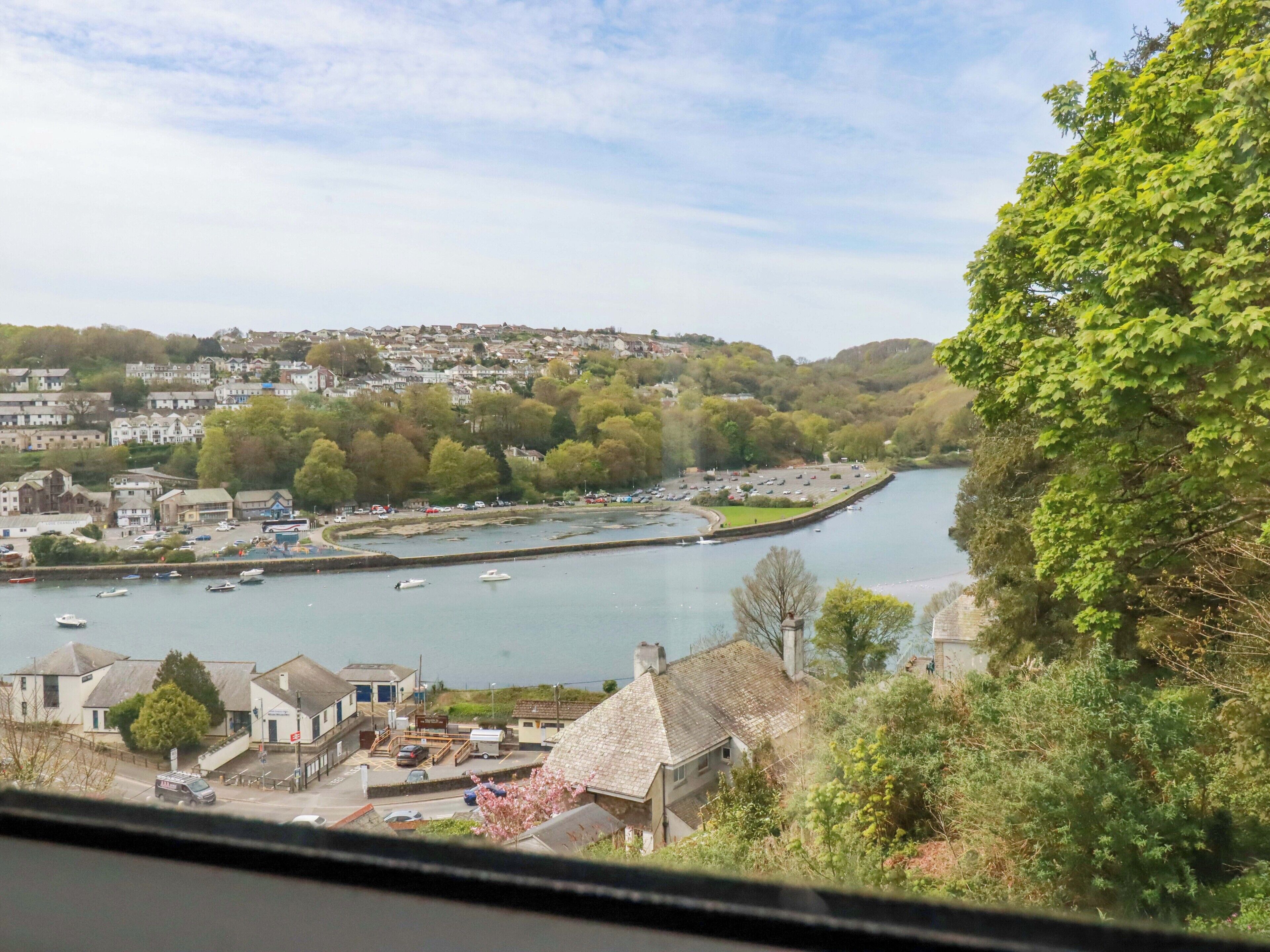 A river with boats, a town with houses, and a hill with trees.
