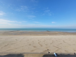 Ein weiter Strand mit blauem Himmel, einem entfernten Flugzeug und einer Bank entlang des Weges.