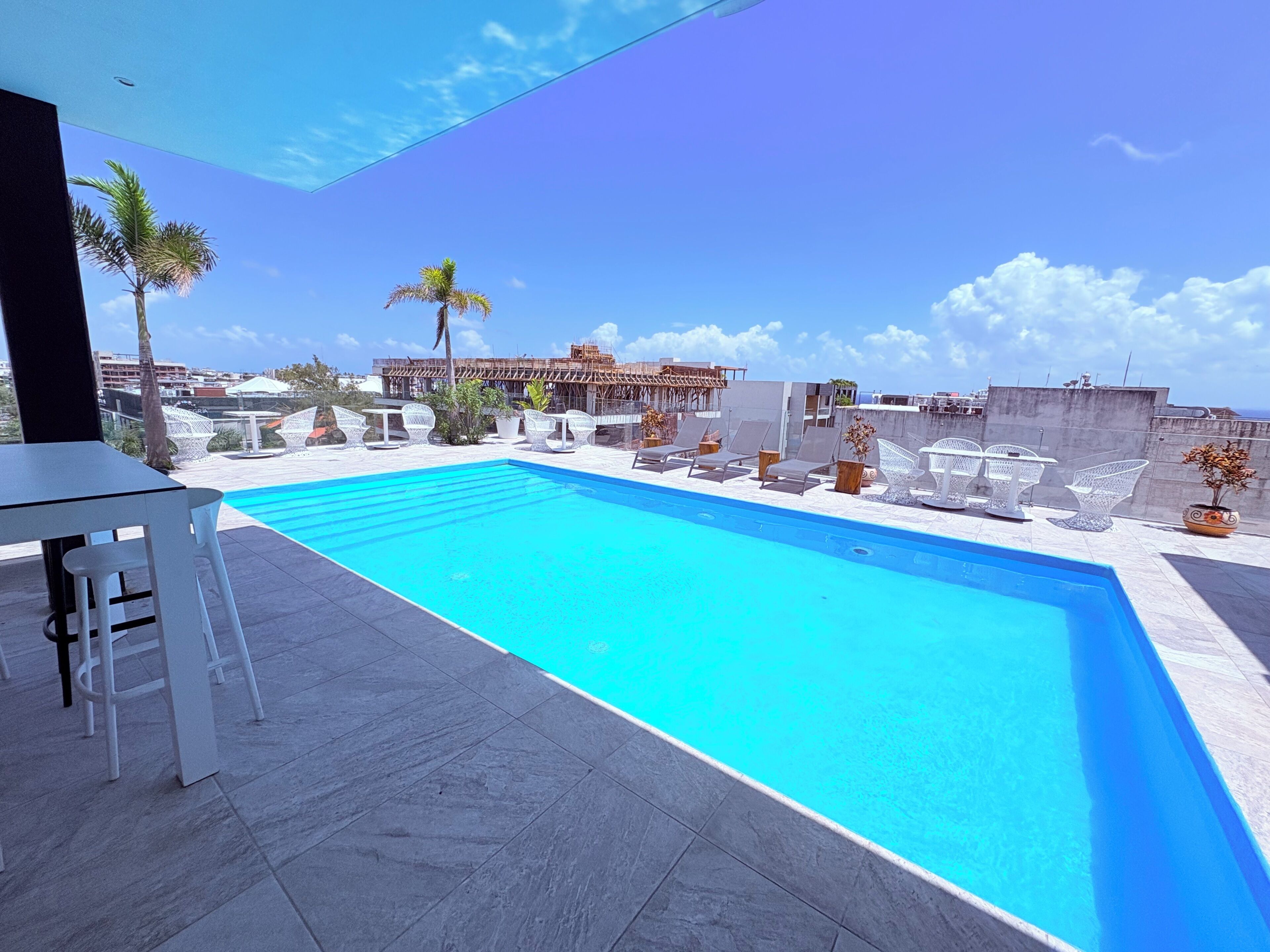 A rooftop pool with lounge chairs and a view of the cityscape.