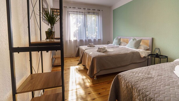 A room with two beds, a wooden floor, a green wall, and a window with sheer curtains. - ImmoStay-bright apartment with private garden #1 (Bremen)
