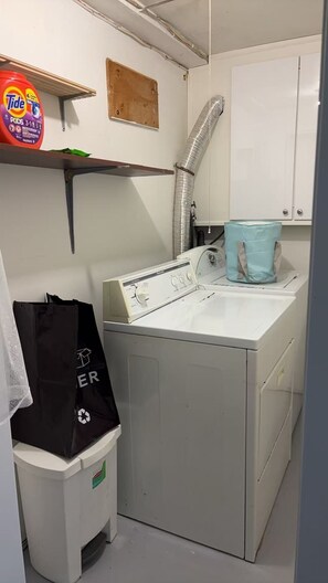 A laundry area with a washing machine, a shelf with Tide detergent, a blue bucket, and a recycling bag. - Cozy Bright Suite with Separate Entrance in Scarborough | Near Hospital (Toronto)