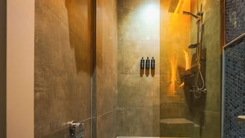 Shower, slippers, towels, soap