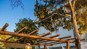 Zona de piscina con pérgola, mobiliario de mimbre blanco y plantas en macetas.