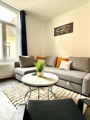 A living room with a grey sofa, a round coffee table with a plant, and a view through a window with curtains. - Gare du Midi for 3-4 People (Brussels)