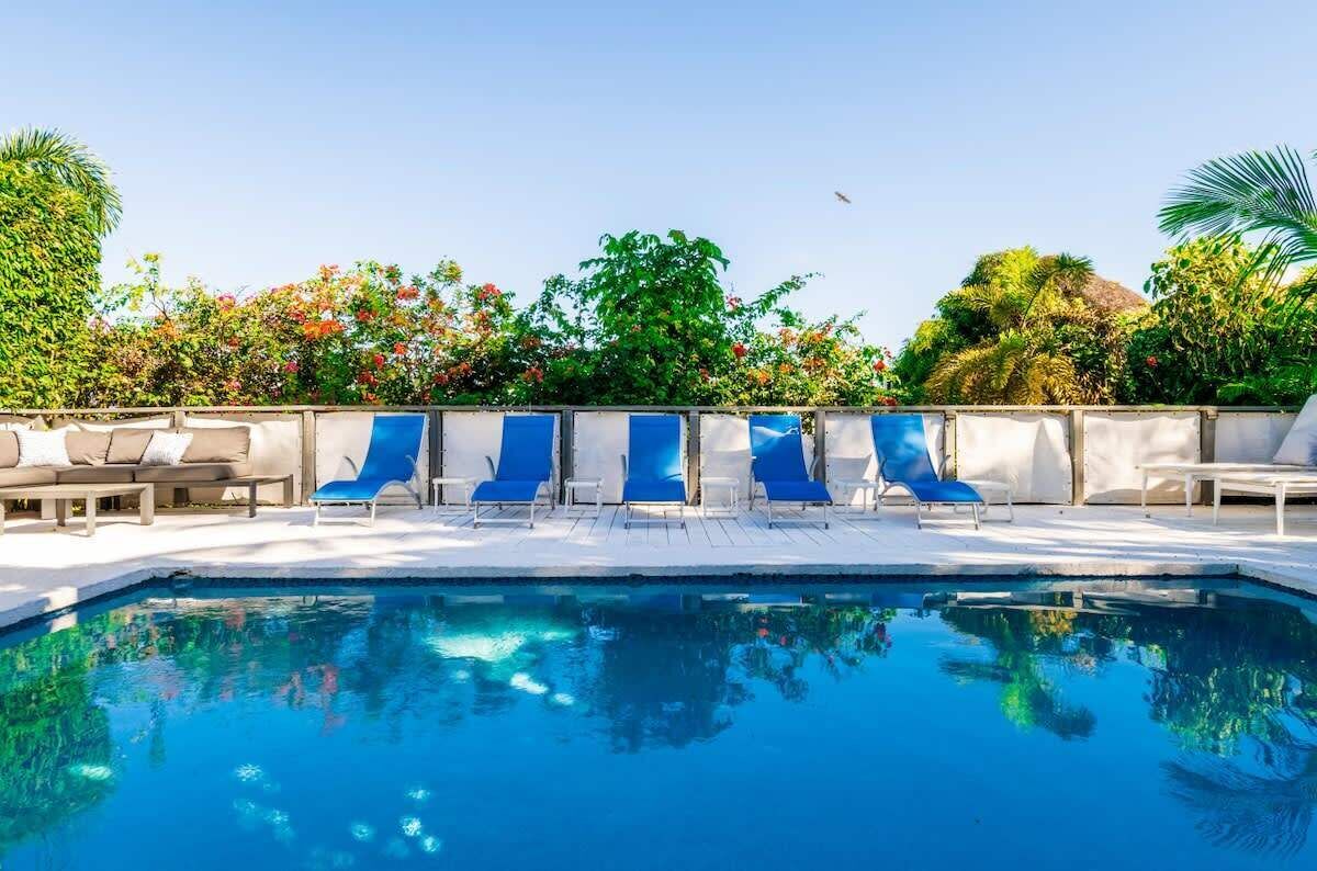 A pool area with blue lounge chairs, a white pool, and a wall with greenery and flowers.