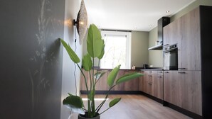 Une cuisine moderne avec des meubles en bois, un four encastré et une plante en pot.