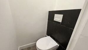 Ein kleines, modernes Badezimmer mit Toilette in Weiß, einer Wand mit schwarzen Fliesen und Holzboden.