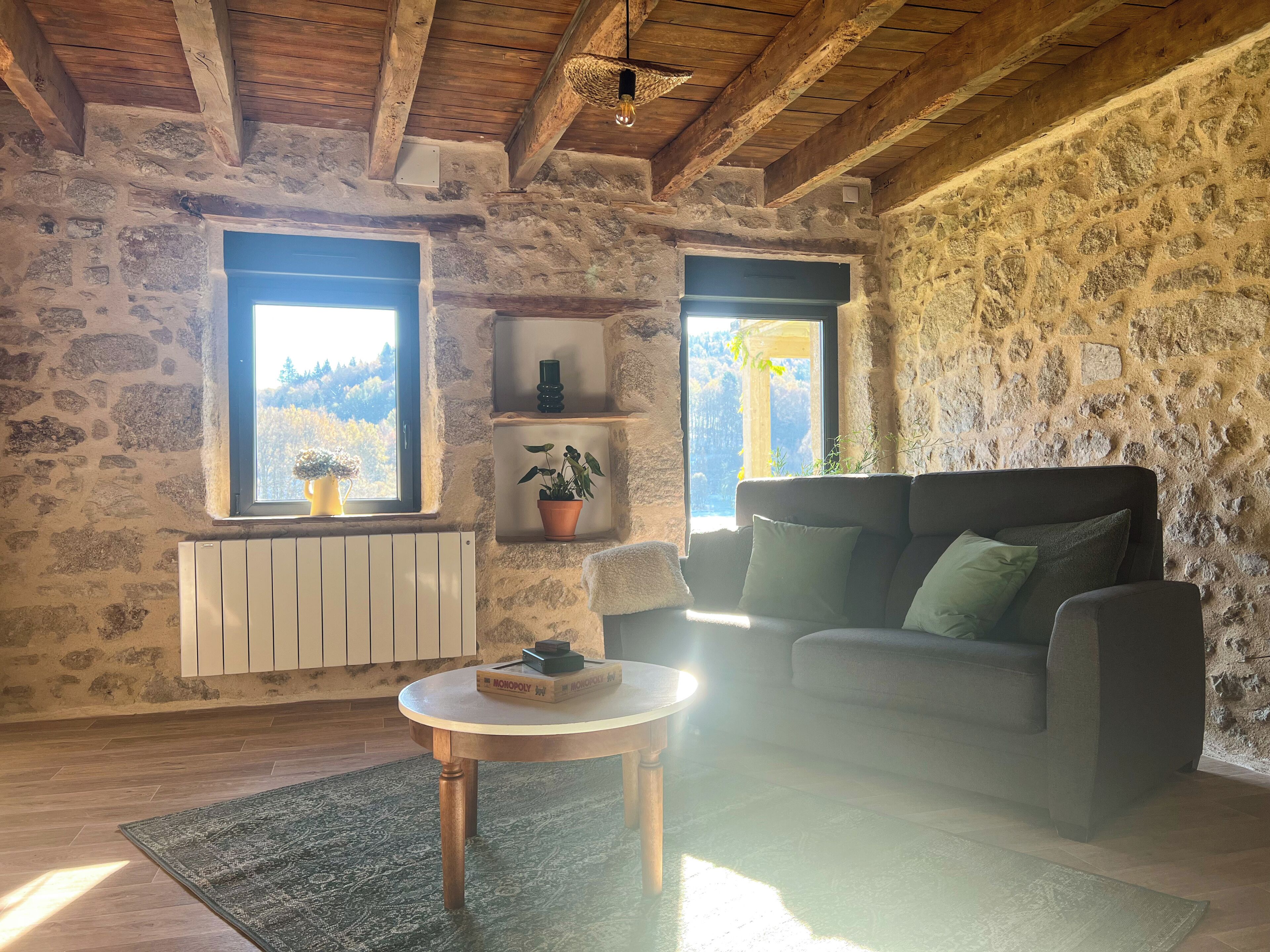 TV, fireplace, books, stereo