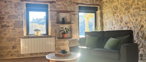Televisión, chimenea, libros y estéreo