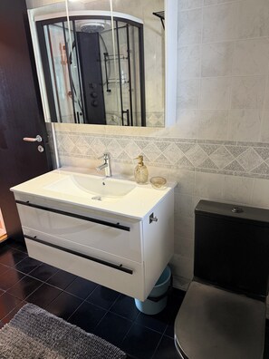 Shower, towels, soap, toilet paper