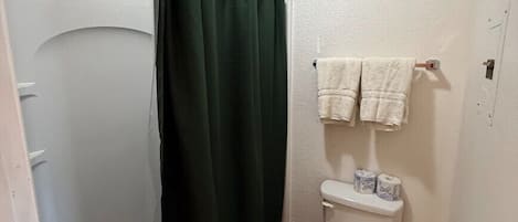 A small bathroom with a shower curtain, toilet, and towel rack.