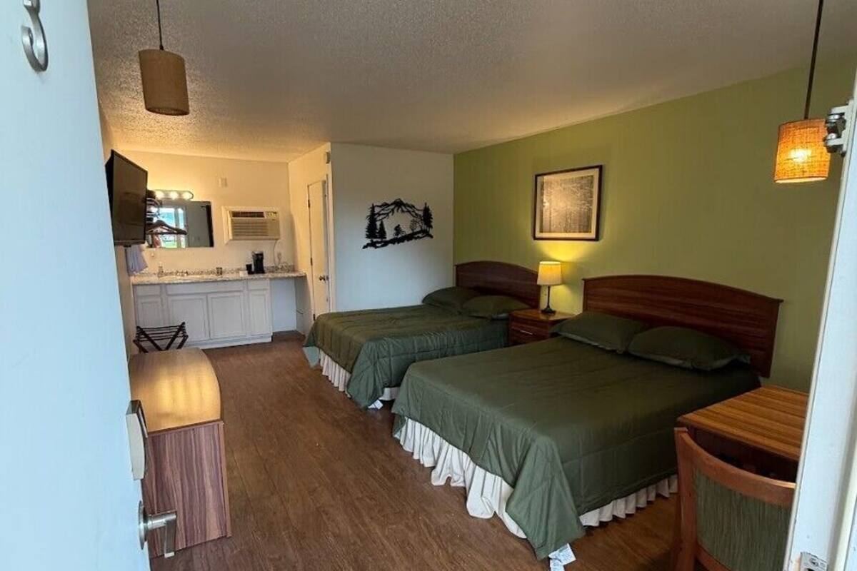 Une pièce de taille modeste comprenant deux lits, une petite kitchenette et une seule chaise.