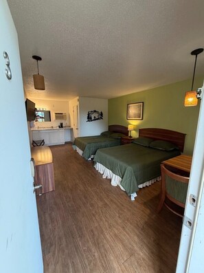 A compact room with two beds, a small kitchenette, and a single chair. - Trailhead Lodge (Eureka Springs)