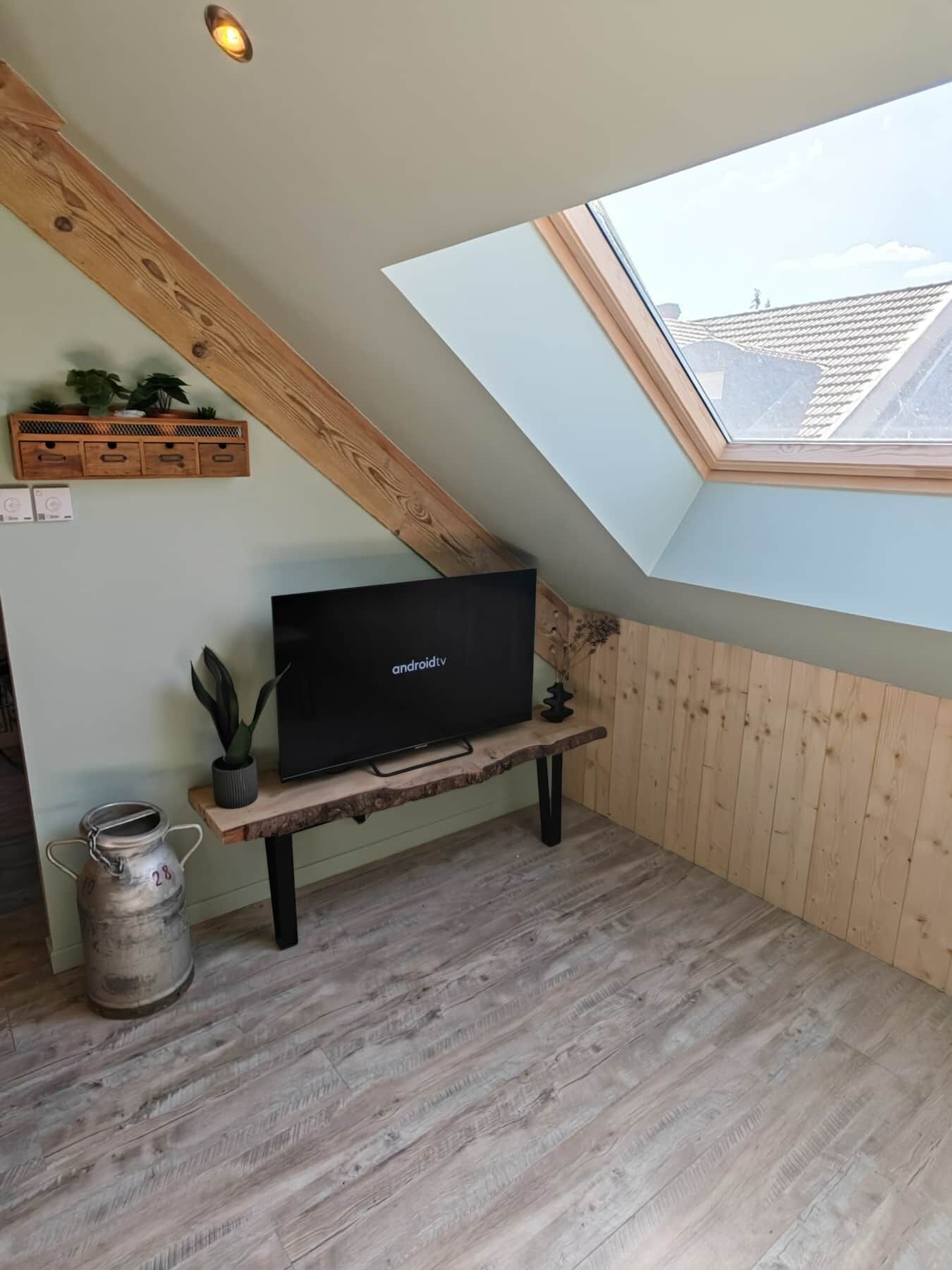 Huone, jossa on kalteva katto, kattovalokuvio, televisio puuhyllyllä, metallinen säiliö ja ruukussa oleva kasvi.