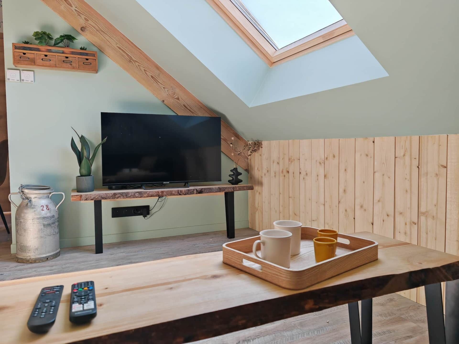 Ein Loft-Zimmer mit schrägem Dach, einem Fernseher auf einem Holzständer, einer Ablage mit Tassen und Fernbedienungen auf einem Tisch.