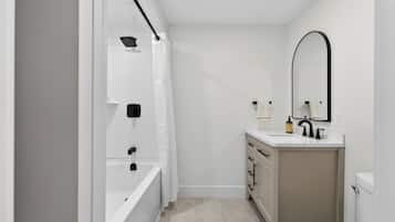 Hair dryer, towels, soap, toilet paper